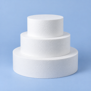 Three-tier polystyrene cake with tiers measuring 40, 30, and 20 cm